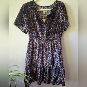 NWT French Connection Velvet Leopard Print Smocked Ruffle Mini Dress - M